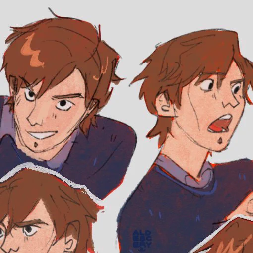 A cropped image of three torso-up illustrations of J. Daniel Atlas, a caucasian man with light brown hair in a shaggy cut in a dark blue sweater over a collared shirt. There is one expression of him looking up with a sly expression, then to the right is him looking frustratedly to the right, and the at the bottom is a cropped expression of him raising his eyebrow.
