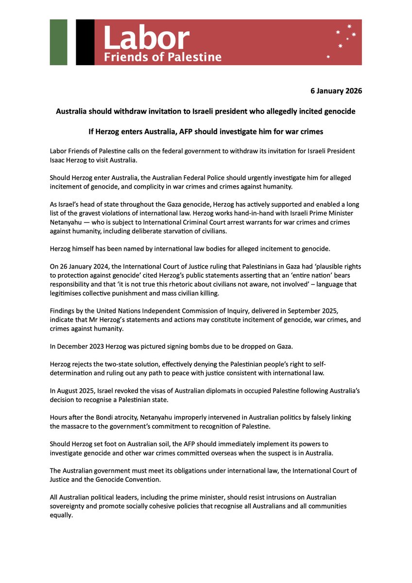 labor_palestine's tweet photo. 🚨 LFOP national statement on visit of Israeli president Herzog:

▶️ We call on the federal government to withdraw the invitation

▶️ If Herzog enters Australia, @AusFedPolice should launch urgent war crimes investigation https://t.co/DE936bkqLp