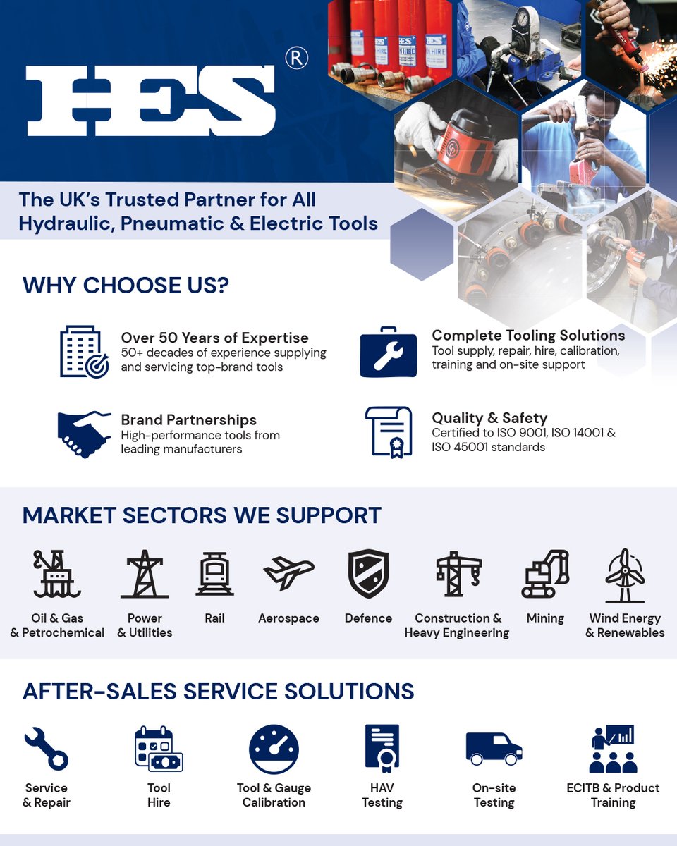 HESSalesLimited's tweet image. For 50+ years, HES has been the UK’s trusted supplier of #industrialtools, offering top brands, tool hire, repair, testing, calibration &amp;amp; specialist training. 🔧 Discover our full range: bit.ly/49LVJcD #hessales #UKsupplier #hydraulictools #pneumatictools #electrictools