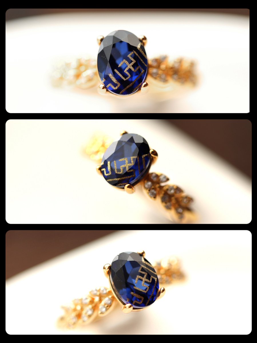 石単体の写真の方がサファイアは実物に近いです。 リング台座は少し黄