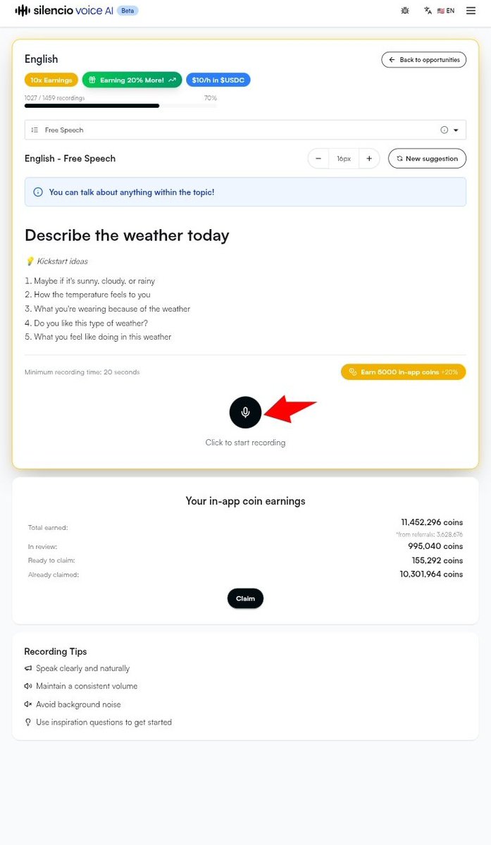 eMRight2's tweet image. Haven’t joined Silencio Voice AI yet? 🎙️

Get started here ai.silencio.store/?ref=2N8G0R
Referral Code: 2N8G0R
Earn a 20% bonus on every recording you make 💰
#Silencio #VoiceAI #DePIN #Web3