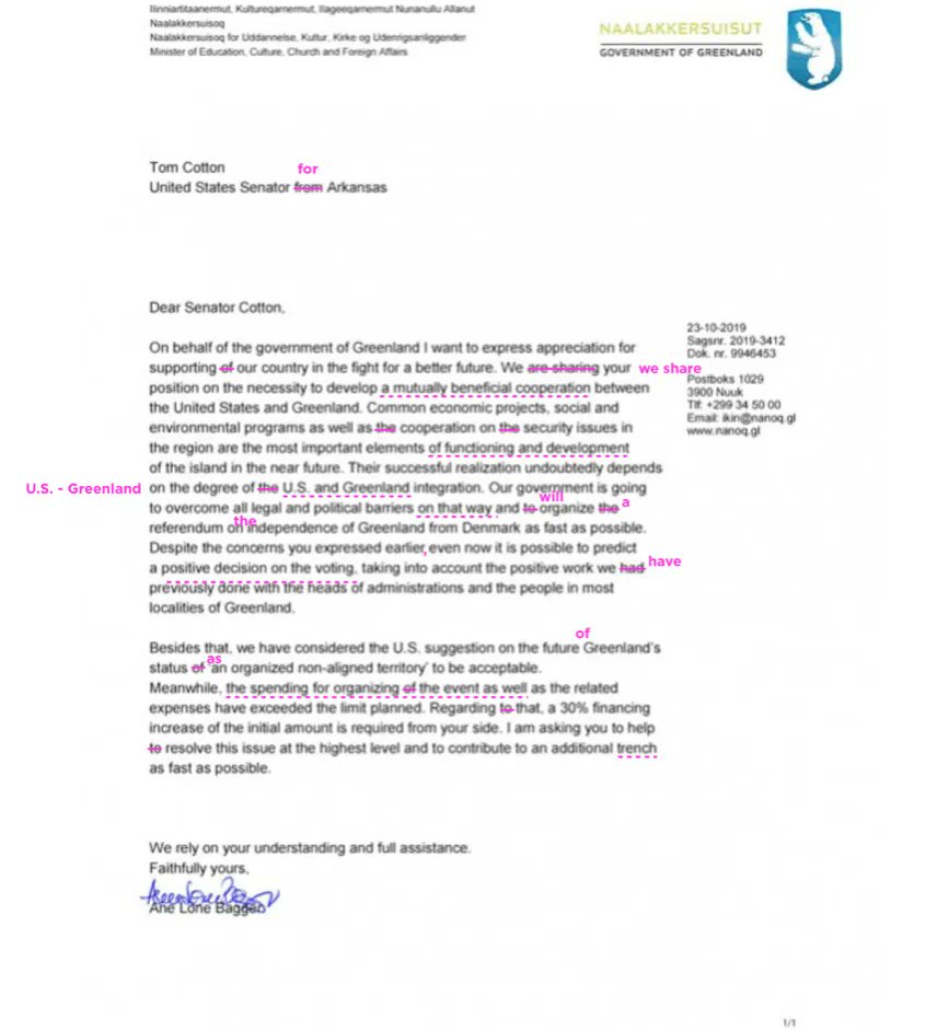 P_Kallioniemi's tweet image. This fake letter was sent to U.S. Senator and Trump foreign-policy ally Tom Cotton in 2019. It claimed that Greenland was interested in building “mutually beneficial cooperation” with the United States and was planning a referendum on independence.

Danish intelligence services…