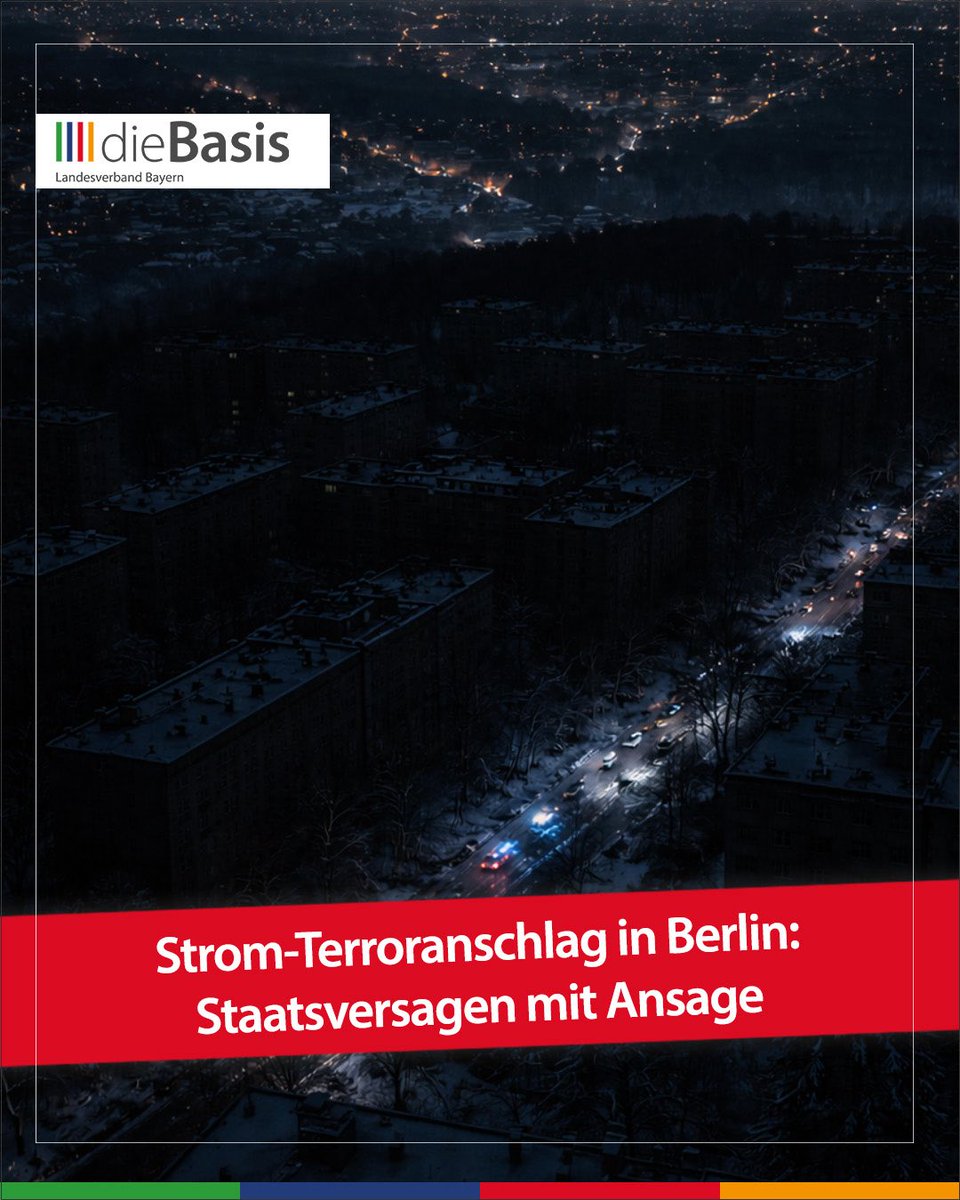 dieBasis_Bayern's tweet image. Berlin im Dunkeln – Staatsversagen mit Ansage

45.000 Haushalte ohne Strom.
Eiseskälte, Schnee, Dunkelheit.
Keine Heizung, kein Licht, kein Herd, keine funktionierenden Alarmanlagen.

Nach einem gezielten linksextremen Brandanschlag auf die Stromversorgung frieren zehntausende…
