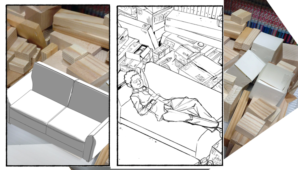 背景は模型を制作。のこぎりと木工ボンドで、
一部3DCGも使用。
これが意外と役に立った。 