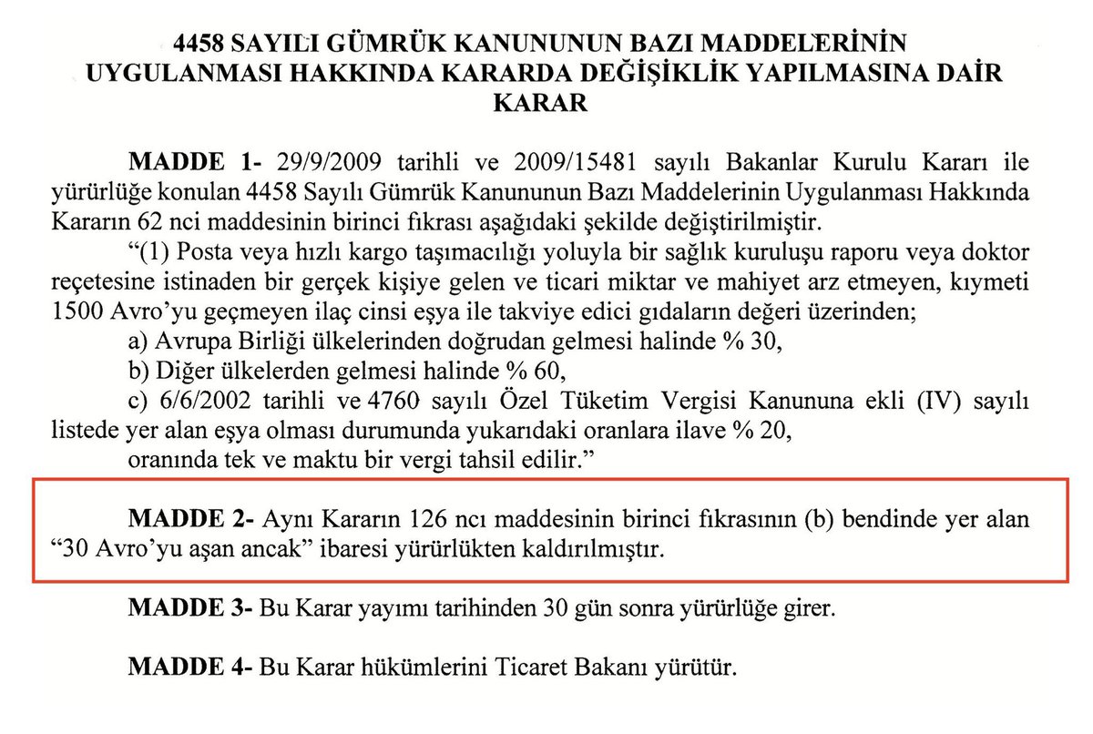 Gece yarısı Resmi Gazetede yayınlanan kararla, yurtdışından gelen her ürüne gümrük vergisi uygulanacak.

Yürürlük Tarihi: 6 Şubat 2026 
#30Euro #Temu