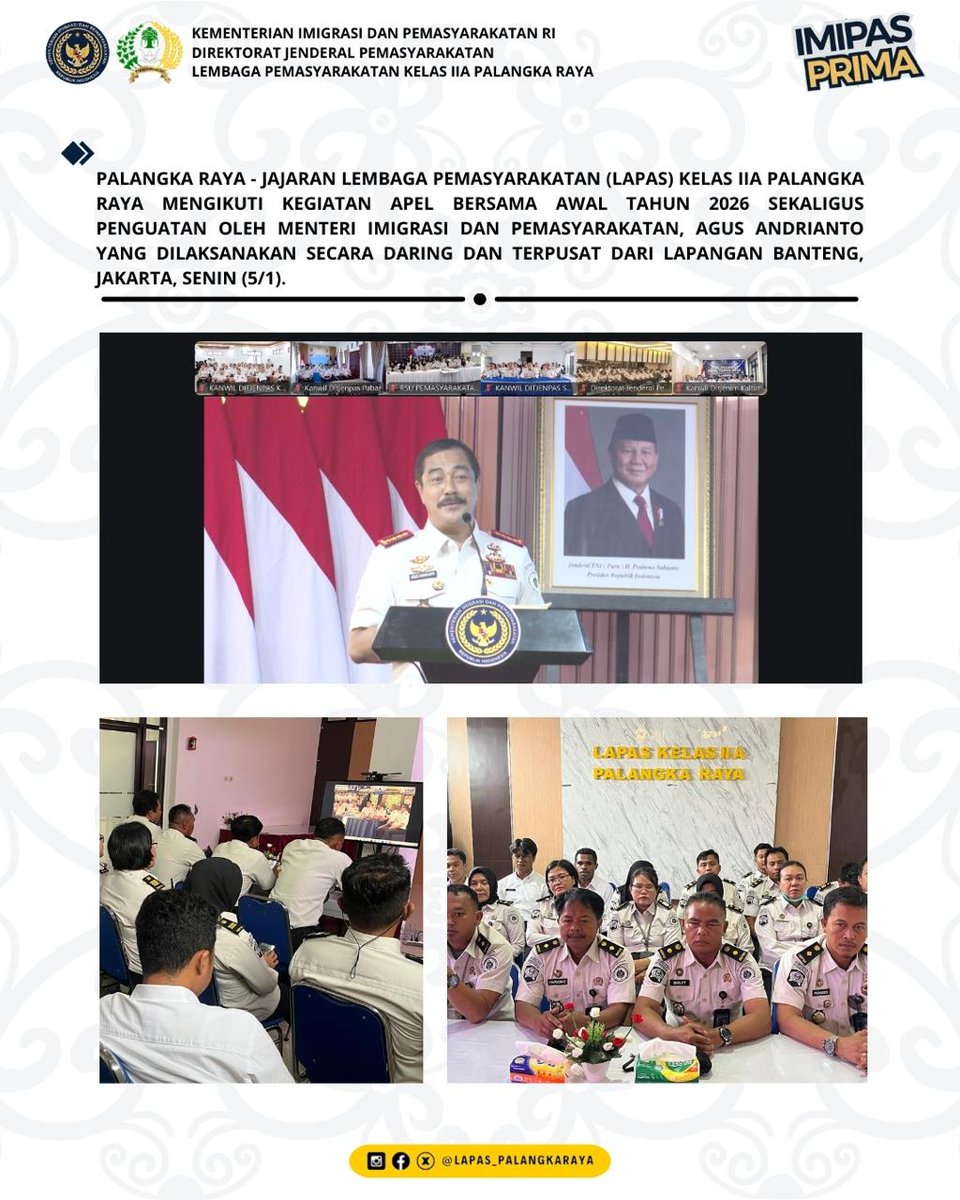 Lapas Palangka Raya Ikuti Apel Bersama dan Penguatan Oleh Menteri Imipas

#kemenimipas
#Ditjenpas
#pemasyarakatan
#guardandguide
#DitjenpasKalteng
#IPutuMurdiana
#infoimipas
<a href="/kemenimipas/">Kementerian Imigrasi dan Pemasyarakatan Republik I</a>
@kemenimipas_story
@diary_kemenimipas
<a href="/galeri/">galeri</a>.kemenimipas
@kanwilditjenpaskalteng