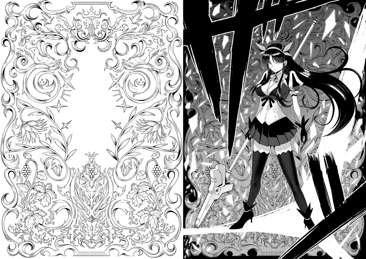 1ページの背景や、変身シーンの背景の装飾。
これも描くの大変すぎて頭おかしくなるんじゃないかと思えるほど書き込んだ。
いやだってここでちゃんとカッコよくしないと後半でエロくならない。落差を作るために書いてる方は地獄を見た。でもそれがマンガを作るってことだから。 