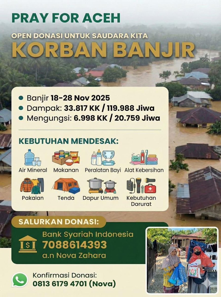 Salurkan Donasi Anda untuk Korban Banjir Bandang Aceh Tamiang. Kebutuhan mendesak sumur untuk air bersih, alas tidur, peralatan rumah tangga, sajadah, mukena, sarung dan sembako #donasi #korbanbanjirbandang #aceh #AcehSumatraBangkit #acehtamiang