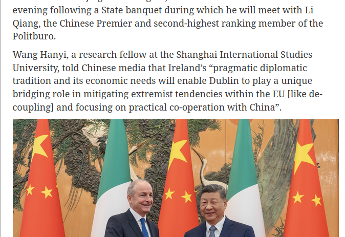 Good to see <a href="/MichealMartinTD/">Micheál Martin</a> visibly accept the reality that it is necessary and in Ireland's (and Europe's) interests to talk to China, and also, that - without all the imperial baggage - Ireland is better at it than the rest of Europe.

It would be nice if this is followed by a