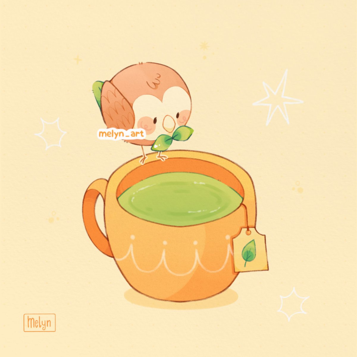 melyn_art's tweet image. 🍵; rowlet loves matcha tea ⊹ ˖ֹ