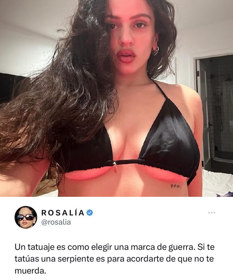 rosalía una vez dijo: "un tatuaje es como elegir una marca de guerra. Si te tatúas una serpiente es para acordate de que no te muerda."