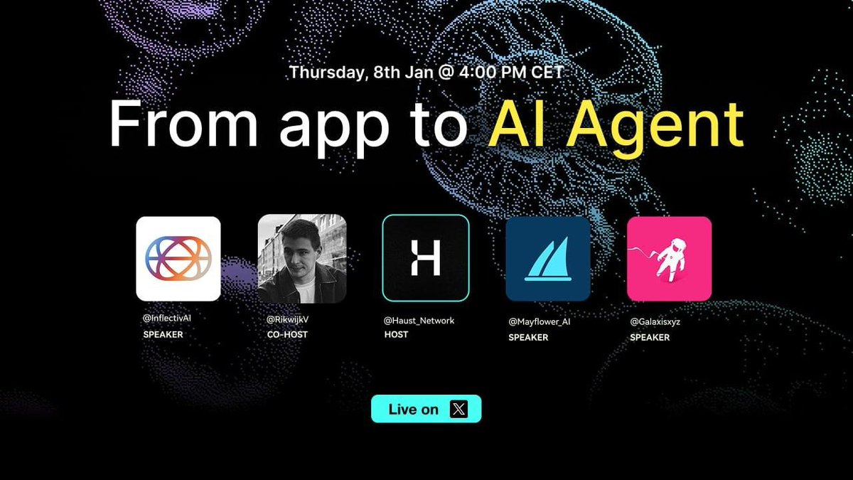 HaustNetwork's tweet image. Web3 UX is dead.
AI agents are taking over.

How intent-based AI kills Web3 friction and becomes the interface that scales adoption by 2026.

📍 Live X Space
🗓 Thu, Jan 8
⏰ 4:00 PM CET

🎙 Guests:
@inflectivAI
@Mayflower_AI
@Galaxisxyz

Hosted by @Haust_Network
Co-hosted by…