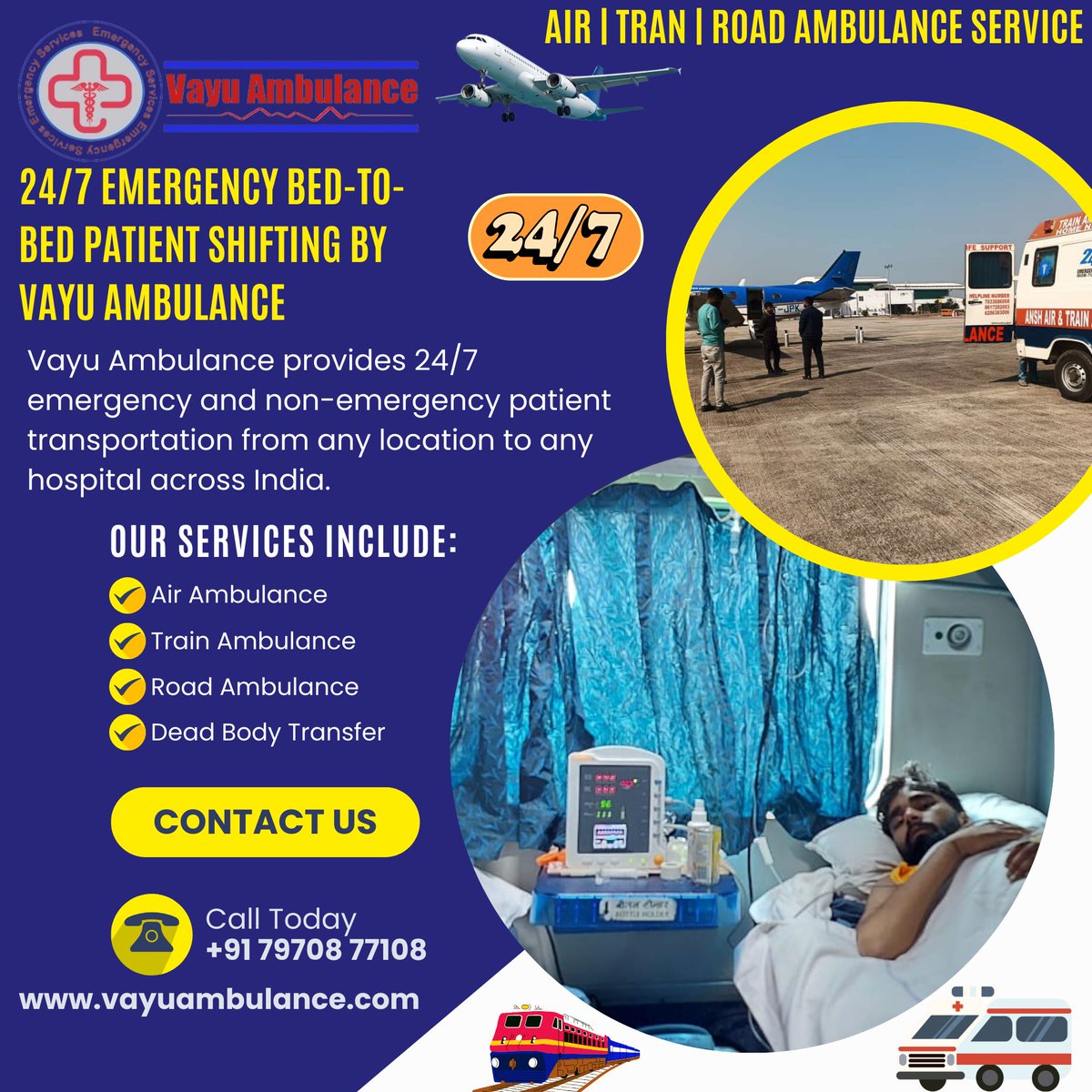 VAyu Ambulance provides 24/7 emergency and non-emergency patient transportation from any location to any hospital across India.
📷 Call VAyu Ambulance – When Every Second Matters
📷 Website: vayuambulance.com
📷 Emergency Helpline: +91 79708 77108
