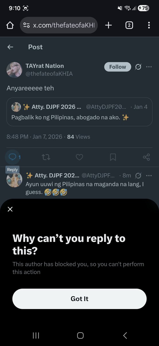 StopLoookListen's tweet photo. Binura mo yung comment mo na puro ako yabang kasi at kung ano2 pinopost ko. Why? 😂

Anw, di ako uuwing hiya no. My career is stable, may family at bf akong proud at love ako. Hindi umiikot at iikot ang buhay ko sa pagtake ng bar exam at pagiging abogado, bhie. Sana happy ka. ❤️ https://t.co/YmHHdwaaWs