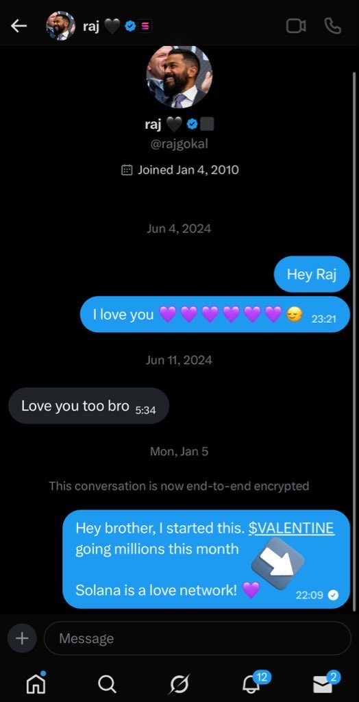 Wooooowww <a href="/rajgokal/">raj 🖤</a> saw my message!

$VALENTINE Buy and hold, it will go to millions.

<a href="/ValentineSOLx/">Valentine’s Day On Sol</a> 

#Solana #SolanaMeme