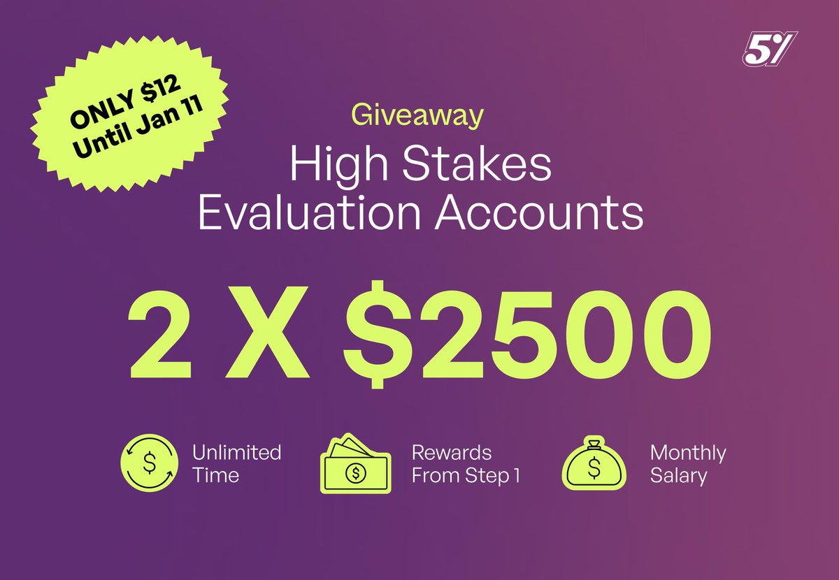The5ers launched a 2.5k high stakes account for only $12 until Jan 11th and you can win a free account

1. Follow <a href="/the5erstrading/">The5ers</a> and <a href="/TheBrightVault/">TheBrightVault FX</a> 

2. Retweet and tag 3 friends 

3. Comment done and attach screenshots