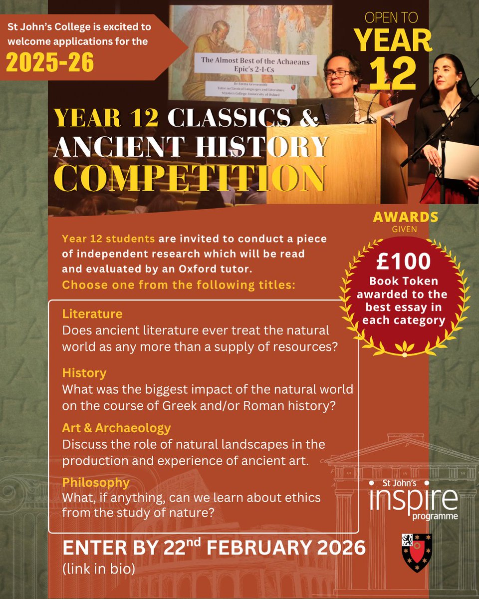sjc_access's tweet photo. Hey Year 12s! Happy New Year!π Want to join an essay competition? Are you interested in History, Literature, Philosophy, or Art & Archaeology? Then give the Classics & Ancient History a go! Deadline is February 22nd. Follow the link in our bio for full details!
#Sjcinspire https://t.co/9T7WddFFE2
