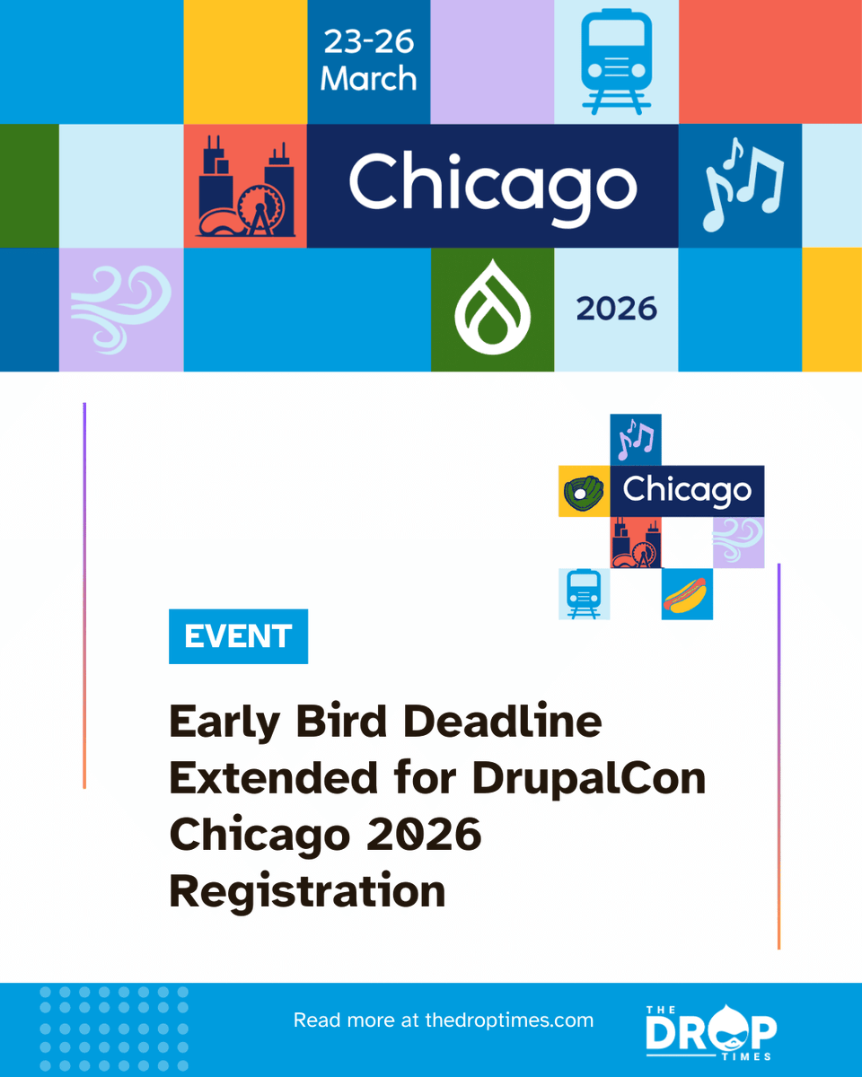 thedroptimes's tweet photo. ⏰ @DrupalCon  Chicago 2026 early bird deadline extended!

Register by Jan 20 at 7:59 a.m. CST to lock in best pricing.

TDT coverage on @DrupalConNA : https://t.co/dfFLJlafbO 

#DrupalCon #DrupalEvents #OpenSource #Chicago2026 https://t.co/MM3H6BV7B3