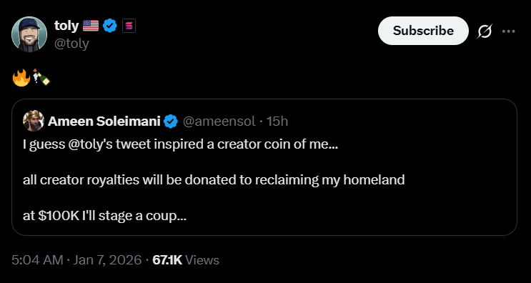 $AMEEN
8ZfUjKFKCj66FCWmHjViT4m89WjpweqWqRYUyNNhBAGS
$AMEEN rapidly emerged on the Solana blockchain following a tweet from Solana co-founder Anatoly Yakovenko (<a href="/toly/">toly 🇺🇸</a>). Toly tagged Ameen Soleimani (<a href="/ameensol/">Ameen Soleimani</a>) in a post discussing topics related to the Iranian regime, sparking