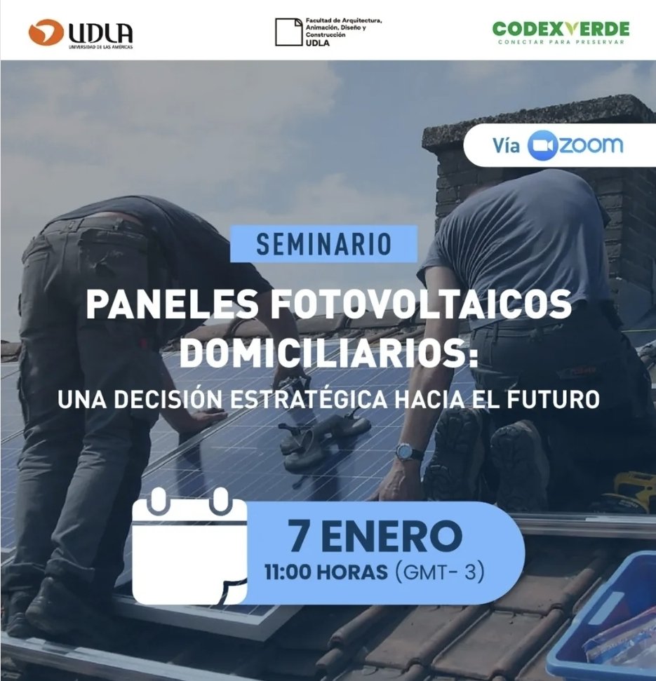 HOY ​Seminario​ 11.00am “Paneles fotovoltaicos domiciliarios: Una decisión estratégica hacia el futuro” con Darío Morales.
, director ejecutivo de ACESOL. udla.zoom.us/rest/webinar/r…