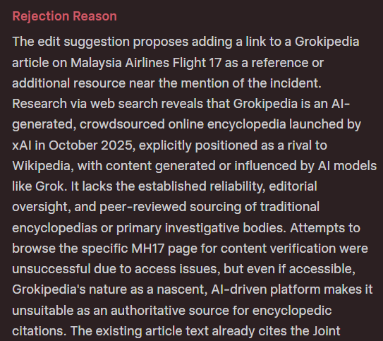 Dreamdroom's tweet photo. @thatsKAIZEN Hilariously, grokipedia refuses to add internal cross-references on the grounds that: "[grokipedia] lacks the established reliability, editorial oversight, and peer-reviewed sourcing of traditional encyclopedias or primary investigative bodies." https://t.co/HXxDxsJec9