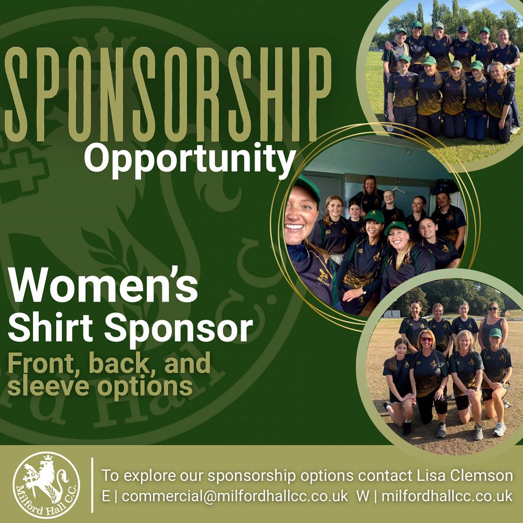 Shirt Sponsorship Opportunities for our 3 Women's and Girls Teams!

Your logo could appear on the Front, Back or Sleeves of our playing shirts.

Sponsoring is a great way to get your brand noticed by players, supporters, and the wider community.
E: commercial@milfordhallcc.co.uk
