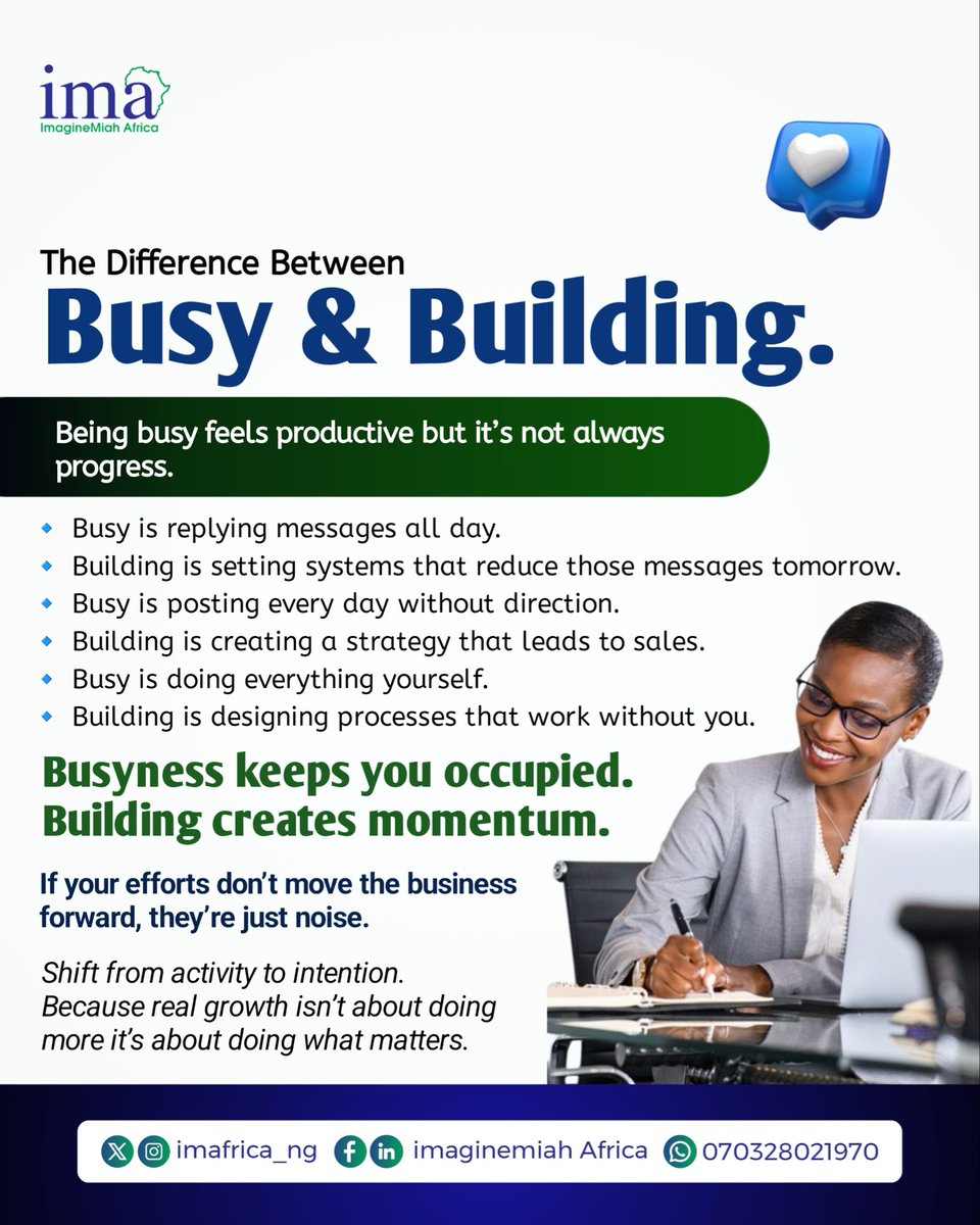 imafrica_ng's tweet image. Busy keeps you occupied. Building creates momentum.
Shift from doing more to doing what truly moves your business forward.
Because real growth is intentional not noisy🚀

#ImagineMiahAfrica #BuildNotBusy #FounderMindset #FromIdeaToScale