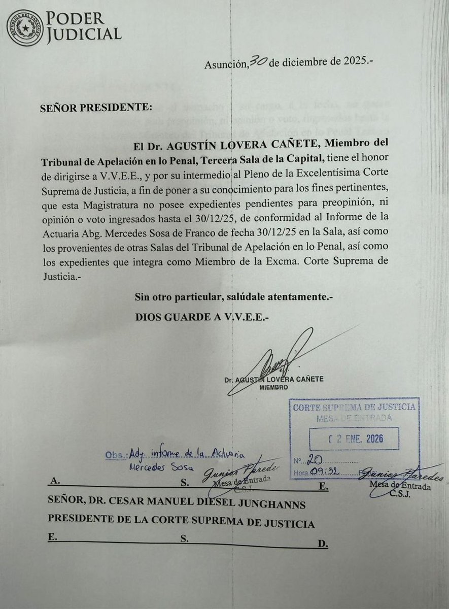 🔴 MAGISTRATURA

➡️ Lovera Cañete cerró el año sin expedientes pendientes en su despacho

➡️ El magistrado, miembro del Tribunal de Apelación en lo Penal, Tercera Sala de la Capital, comunicó oficialmente al Pleno de la CSJ que no registra expedientes pendientes, ni para