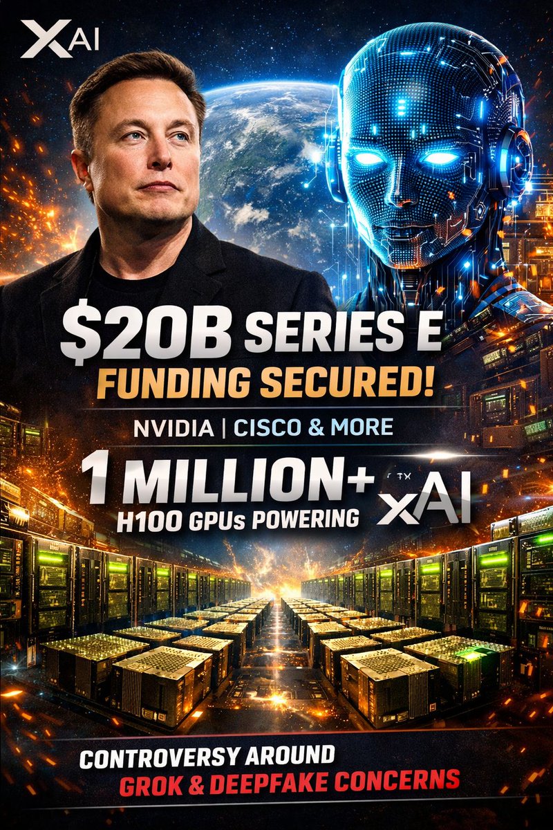 captainfunone's tweet image. 🚨 xAI Raises the Stakes 🚨
Elon Musk’s xAI has closed an upsized $20B Series E round, backed by heavyweights like Nvidia and Cisco Investments.
💻 The goal?
Build what xAI claims will be the world’s largest GPU clusters — 1M+ H100 equivalents to power next-gen AI.
#xAI #ElonMusk