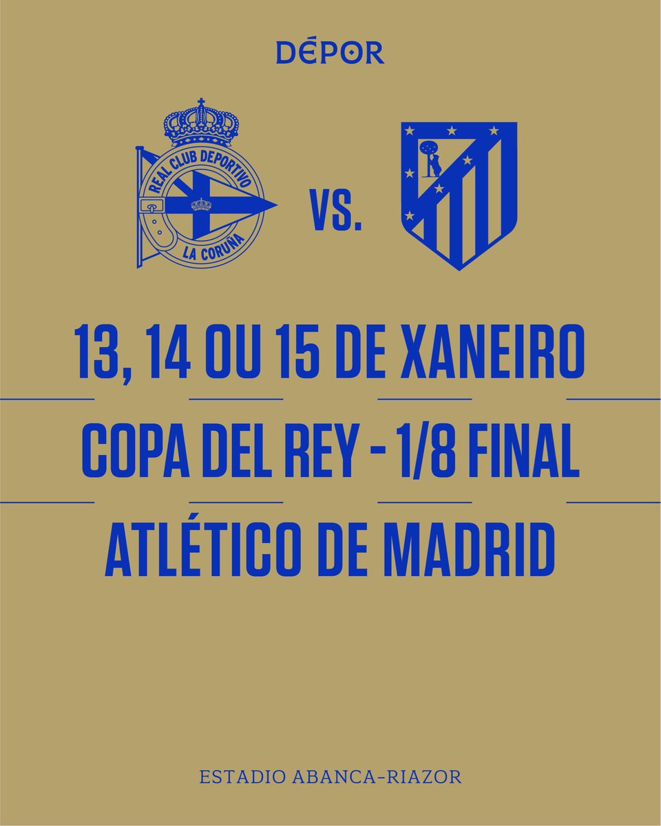 🚨 Xa temos rival dos oitavos da #CopaDelReyMapfre!

🏆 Oitavos 
🆚 <a href="/Atleti/">Atlético de Madrid</a> 
🗓️ 13, 14 ou 15 de xaneiro 
📍 #ABANCARIAZOR