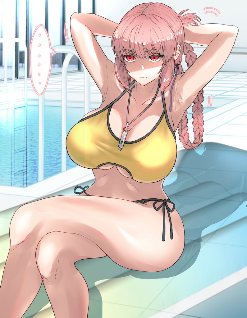 プールの監視員の準備をする婦長 