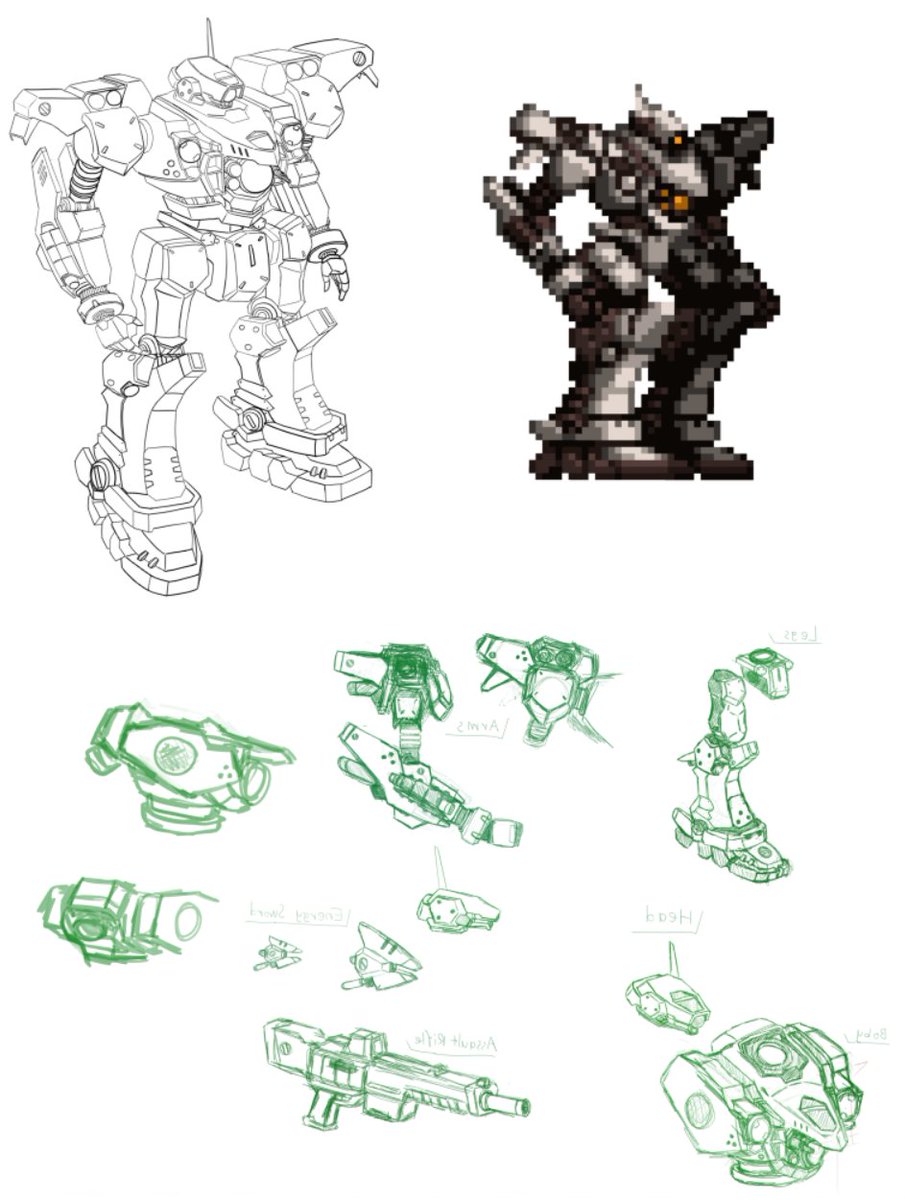 StrykerProject's tweet image. 中量級メカをちょっと紹介。#conceptart からゲーム内 #ドット絵 まで。

#メカ #インディーゲーム #StrykerProject