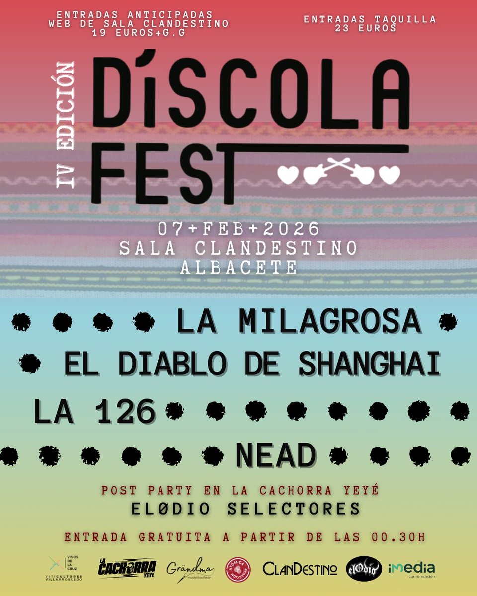 Y ya que estamos, aquí la primera noticia festivalera del año. este es el cartel del <a href="/discolafest/">Díscolafest</a> que tendrá lugar el 7 de febrero en la sala ClanDestino de Albacete

alacant-indie.blogspot.com/2026/01/festiv…