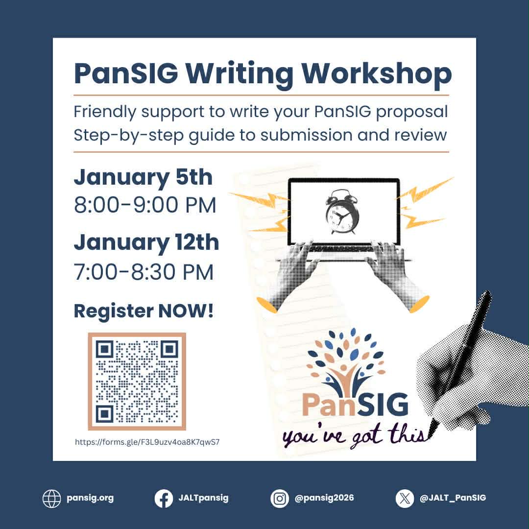 ERsigJALT's tweet photo. Dear members and friends of JALT ER SIG, here is a reminder that the deadline for presentation proposals for PANSIG 2026 (May 23-24th, Nagoya) is January 18.
There is also a writing workshop scheduled for January 12th (details in the picture). https://t.co/S4PXOzD45b