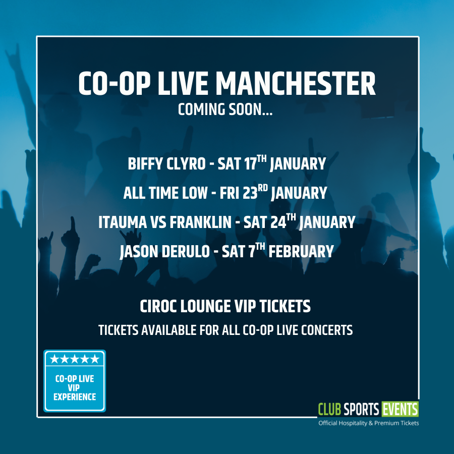 ClubSportEvents's tweet image. A huge lineup of events is coming to Manchester! 💥

Biffy Clyro  •  All Time Low  •  Itauma vs Franklin  •  Jason Derulo

Experience it in style with Ciroc Lounge VIP at Co-op Live. 
🎟️Tickets available now →   tinyurl.com/2adnduvs 

#cooplive #viptickets #manchester…
