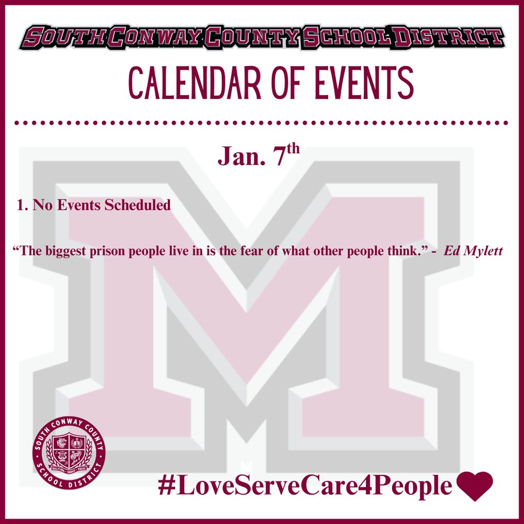 mhsdevildogs's tweet image. Jan. 7th  Event Calendar: 

 1. No Events Scheduled

“The biggest prison people live in is the fear of what other people think.” -  Ed Mylett