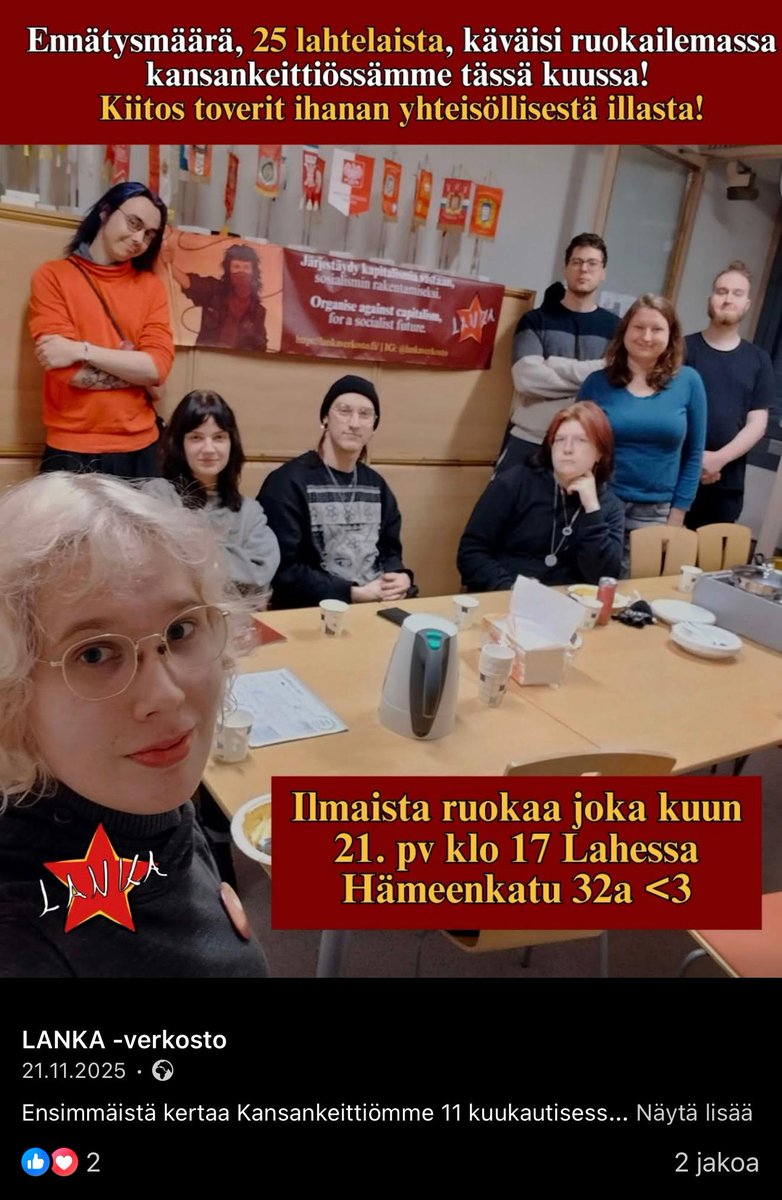 Siis alla Rakennusliitto kertoo, että tämä Lanka-verkosto käyttäisi LUVATTA yhdistysrekisterissä Rakennusliiton Lahden palvelupisteen osoitetta... mutta kuitenkin Lanka-verkosto näyttää järjestävän ilmaista ruokajakelua ihan säännöllisesti tuossa yhdistysrekisteriin LUVATTA