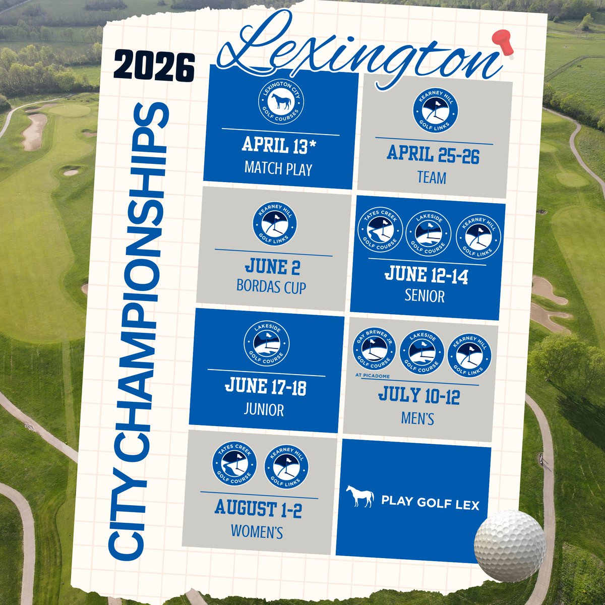 🏆🏆2026 Lexington City Championships

Registration for all Championships will open on March 1

🔵Match Play
Individual match play
Begins Monday, April 13
All City of Lexington Golf Courses

🔵Team
Two player teams - 4 nine hole formats
Saturday, April 25 through Sunday, April 26