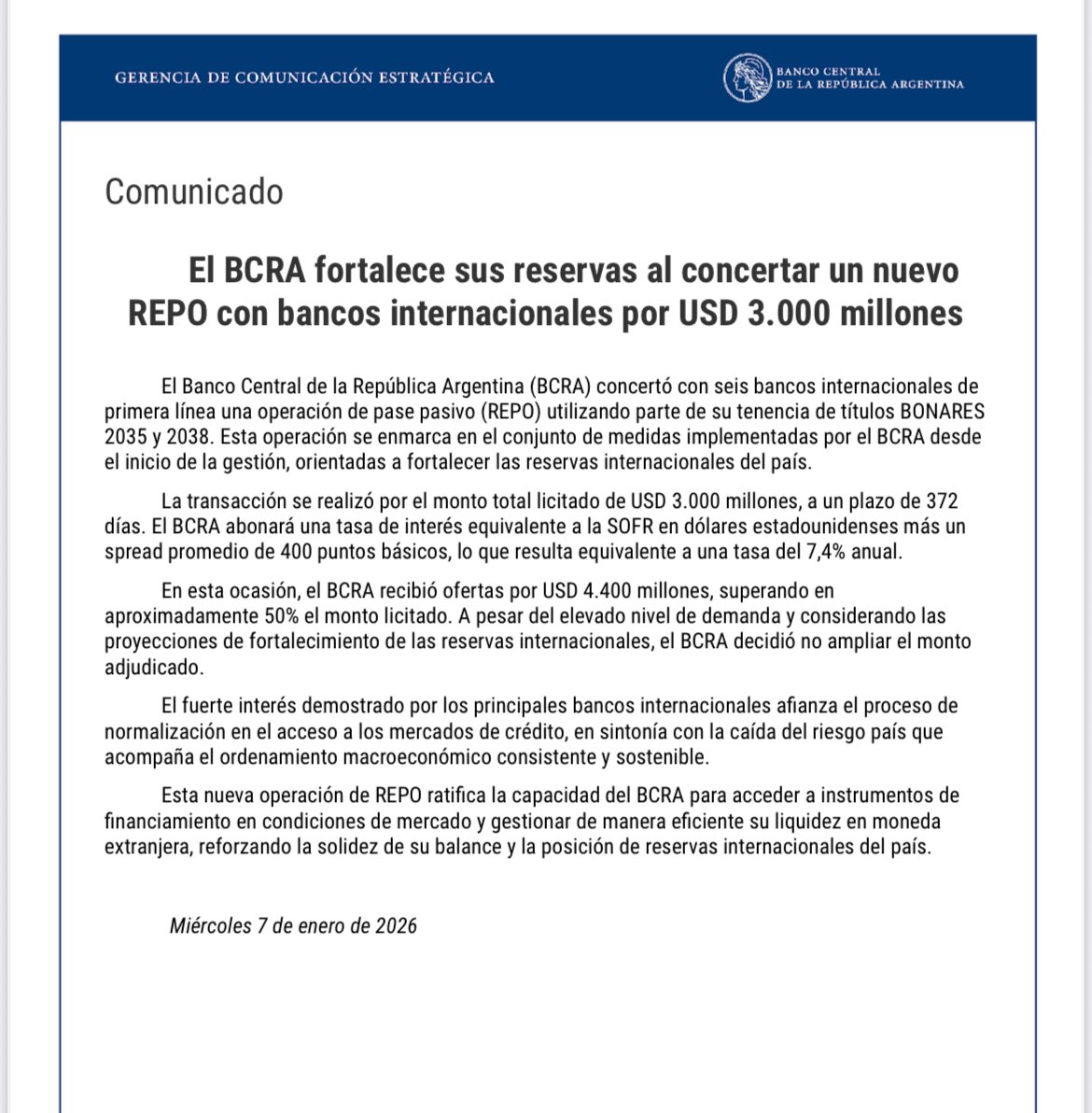 colocostantino's tweet image. El Gobierno consiguió un nuevo REPO con bancos internacionales por USD 3.000 millones

Pagará así los 4.200 millones este viernes 9 de enero con bonistas privados 

El tesoro tenía 1900 millones, más 700 millones q habrían entrado ayer por la venta de dos represas, y le restaban…
