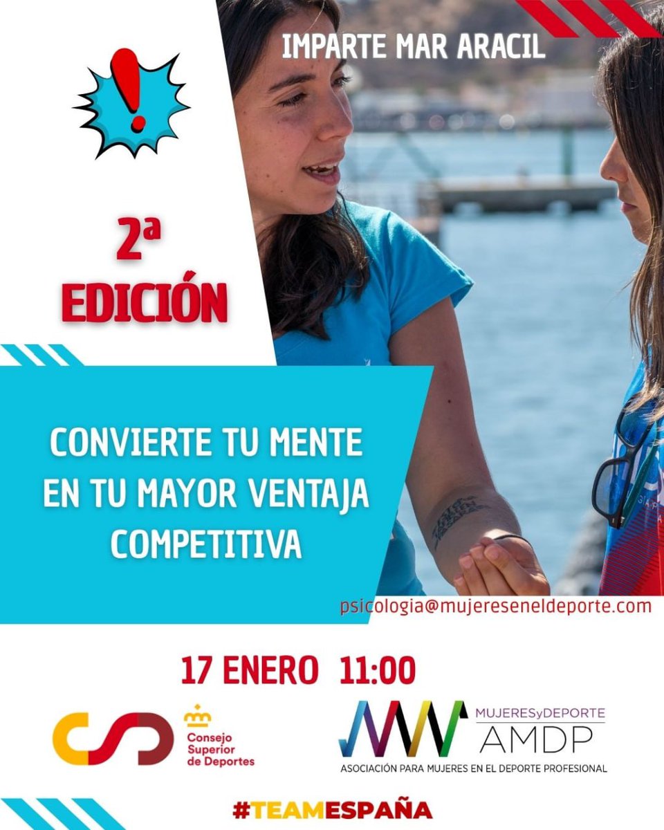 🙋🏻‍♀️Arrancamos con energía para este 2026 con un nuevo taller de psicología deportiva.

🥰Ya sabes que por ser parte de la AMDP tienes plaza, y también si eres de #TeamEspaña

🪬Apúntate en psicologia@mujereseneldeporte.com
mujereseneldeporte.com/servicio-de-at…

<a href="/deportegob/">CSD</a>