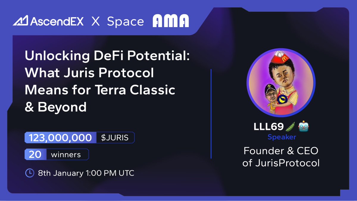 💥We’ll be hosting a X Space with <a href="/JurisProtocol/">Juris Protocol</a>
🚀 $JURIS will be listed on #AscendEX

⏰ 8th January 1:00 PM UTC
🎁 Join to share 123,000,000 $JURIS
💰 20 Winners

🎉To Enter:
✅Follow <a href="/JurisProtocol/">Juris Protocol</a> and <a href="/AscendEX_/">AscendEX</a>
✅Like &amp; RT + Tag 3 friends
✅Join the