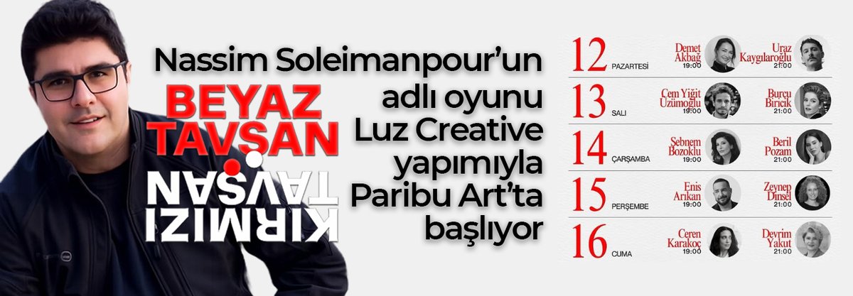 Nassim Soleimanpour’un oyunu "Beyaz Tavşan Kırmızı Tavşan", hem yazar hem de çeviri hakları ajansımız aracılığıyla sağlanarak, Luz Creative prodüksiyonuyla, İstanbul’da Paribu Art'ta seyirciyle buluşuyor. : onkajans.com/beyaz-tavsan-k…