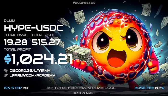 Just harvested $1,024 pure profit from HYPE-USDC DLMM on <a href="/MeteoraAG/">Meteora</a> 🔥 All from fees + daily 2-min rebalances over weeks, no principal touched. Aping the whole bag straight into $HYPE. Playing with house money! Rugs to 0? NGMI cares, it was free. Moon to $100? Sick 🚀