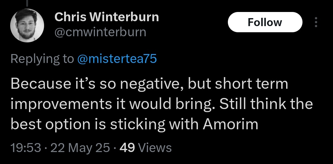 "Don't think Solskjaer will be able to succeed at Man United" YET "the best option is sticking with Amorim" with Amorim's Man United finishing 15th on the table last season and nothing of PL/CL trophies. The lowest since 1973/74 🤦

The Double Standard is rife!