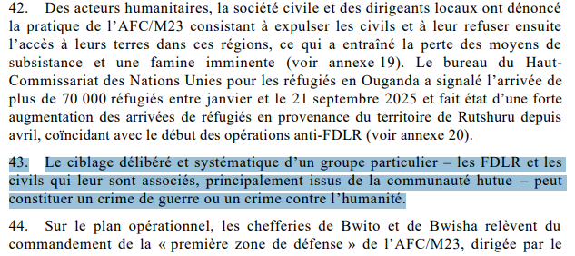 🛑 Rapport ONU sur la situation à l'est de la RDC – fin 2025

Le rapport du Groupe d’experts des Nations Unies sur la RDC vient de paraître.

Il documente en long et en large les crimes commis par la Force de défense rwandaise (RDF) et le M23/AFC contre les réfugiés rwandais