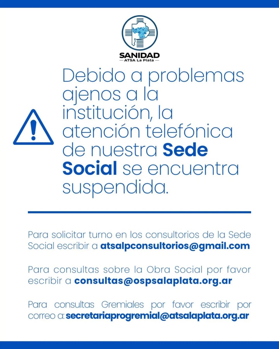 📢ATENCIÓN AFILIADOS/AS👋La atención telefónica de nuestra sede social se encuentra suspendida, por problemas ajenos a la institución.