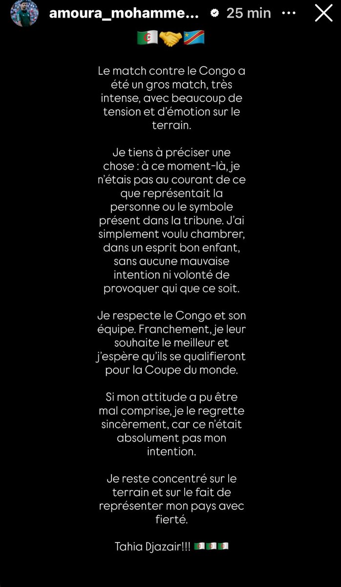 🚨🚨🚨 Mohamed Amoura ÉTEINT toute polémique sur Instagram ! 

 « J’ai simplement voulu chambrer, dans un esprit bon enfant, sans aucune mauvaise intention. Je respecte le Congo et son équipe. Je leur souhaite le meilleur et j’espère qu’ils se qualifient pour la CDM. »