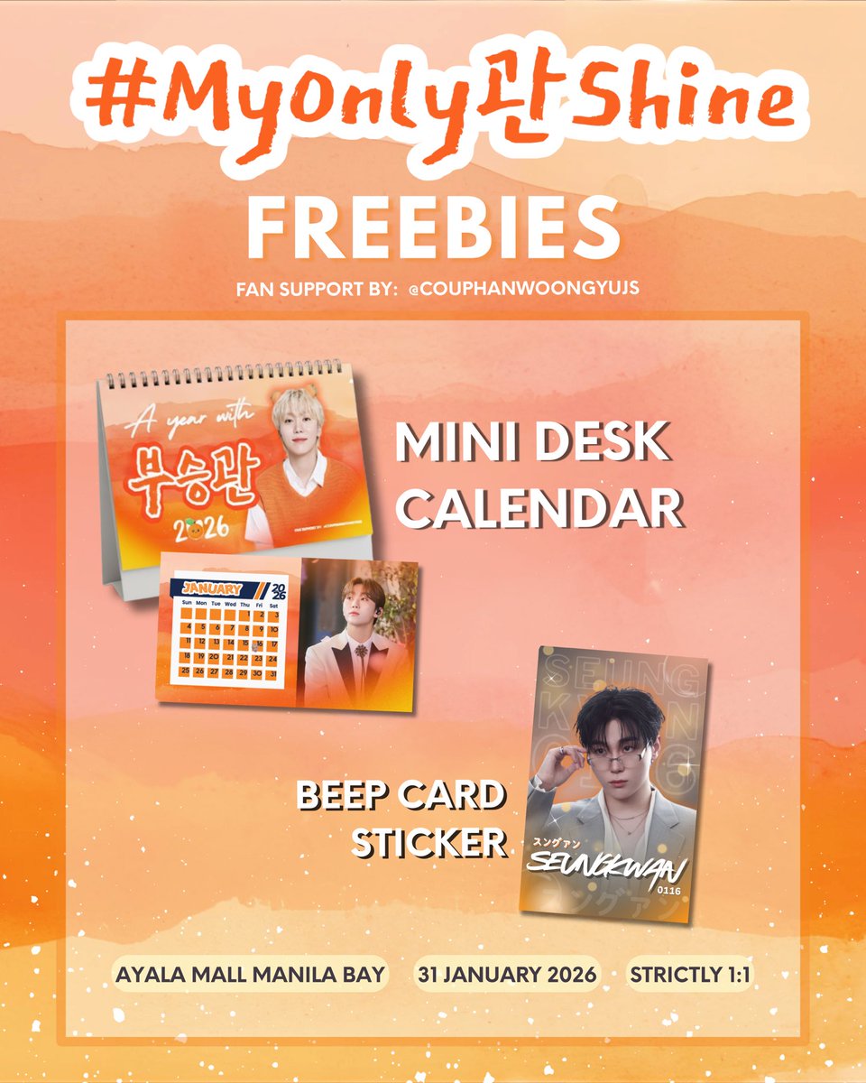 A little sunshine for our Boo 🧡

Here’s my freebies for #MyOnlyKWANshine 

📅 Mini Desk Calendar
🪪 Beep Card Sticker

📍 Ayala Mall Manila Bay
🗓 January 31, 2026
⚠️ Strictly 1:1

Sa mga traders, onsite lang po ako 🥰