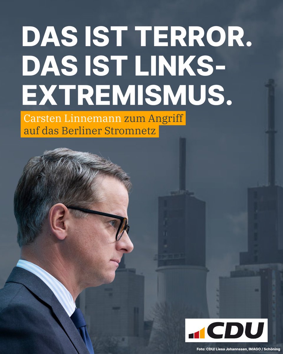 Der Angriff auf die Berliner Stromversorgung darf nicht verharmlost werden, mahnt Generalsekretär Carsten #Linnemann bei ntv Frühstart: „Das ist Terror. Das ist Linksextremismus.“ Die dahinterstehende linke Gruppe ist seit über zehn Jahren mutmaßlich für Anschläge auf kritische