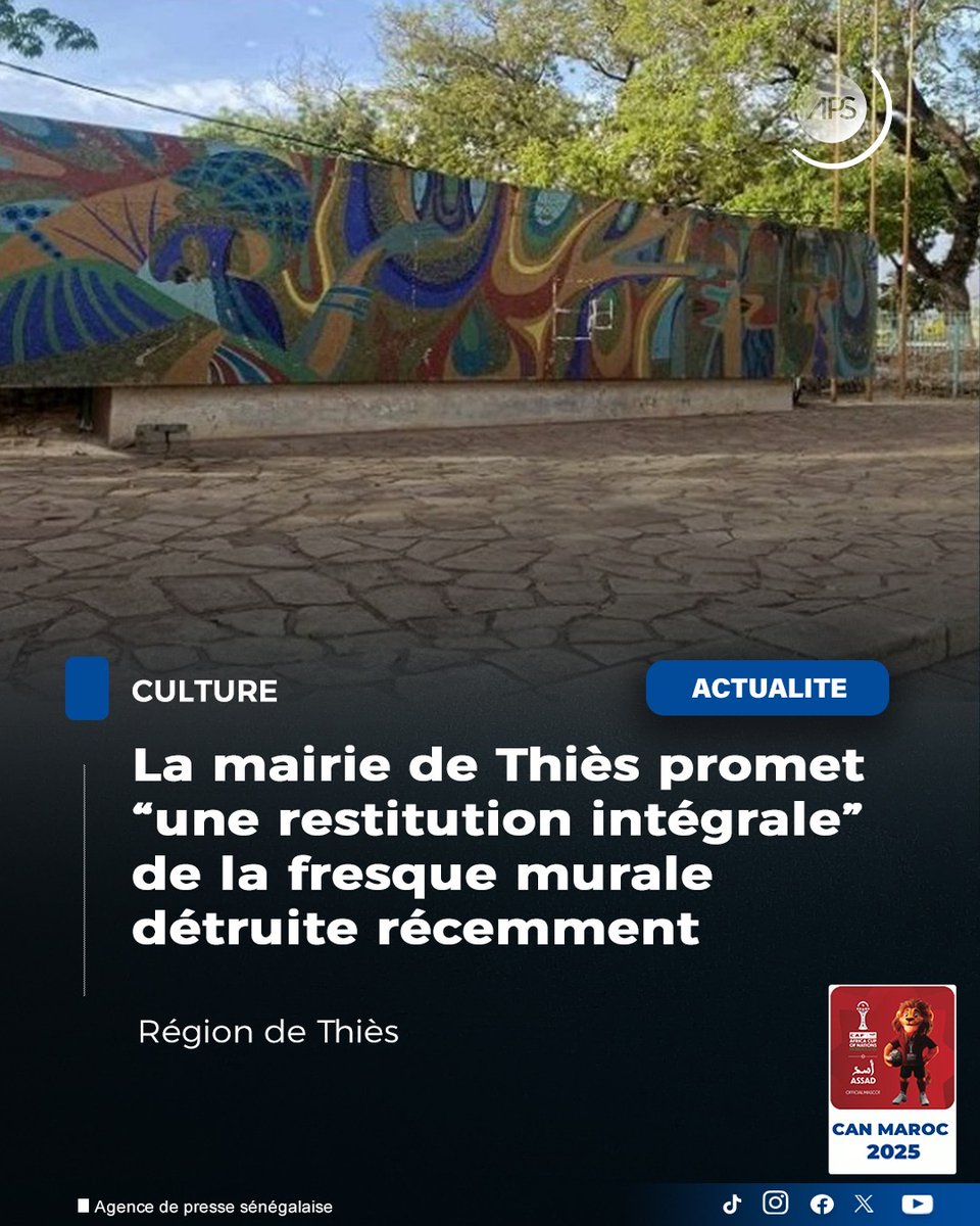 APS_Senegal's tweet photo. ‘’La Ville de Thiès informe l’opinion publique que la fresque murale emblématique située à la place de France, œuvre du grand maître des arts plastiques Pape Ibra Tall, fait l’objet d’une opération de réhabilitation soigneusement encadrée, inscrite dans le vaste programme de rénovation et de requalification de cet espace urbain historique". 

➡️ https://t.co/6zuX6mfttj